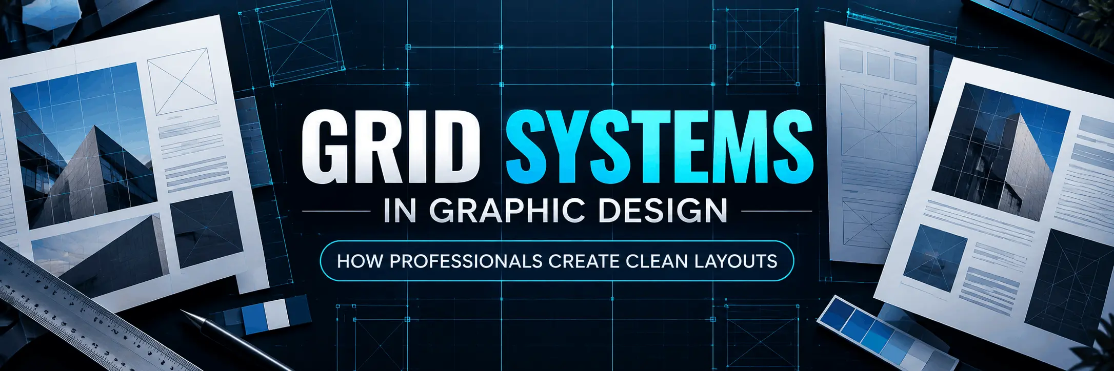 Designer working with grid system layout on screen for graphic design project